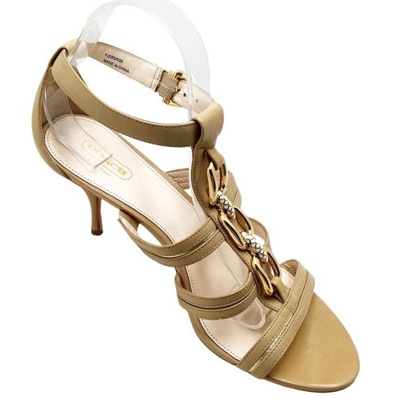Coach Size 9.5 B Blake Beige & Gold Leather Strappy Sandals - Picture 4 of 7